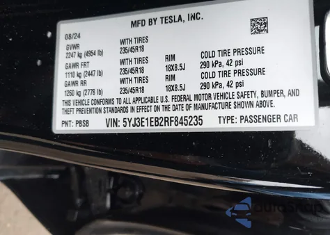 2024 Tesla Model 3 Long Range Dual Motor All-Wheel Drive from USA, damaged, VIN 5YJ3E1EB2RF845235